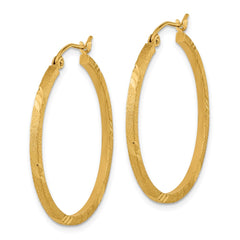 14K Yellow Gold Satin Diamond-cut Square Tube Hoop Earrings