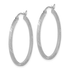 14K White Gold Satin Diamond-cut Square Tube Hoop Earrings