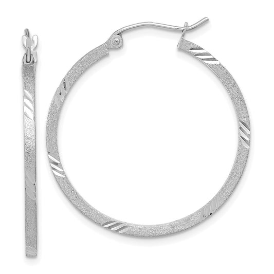 14K White Gold Satin Diamond-cut Square Tube Hoop Earrings