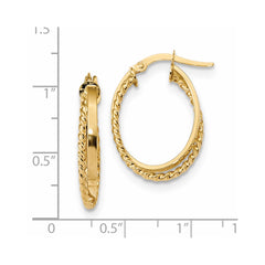 14K Yellow Gold Polished & Textured Oval Hinged Hoop Earrings