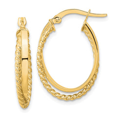 14K Yellow Gold Polished & Textured Oval Hinged Hoop Earrings