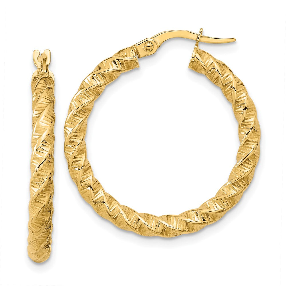14K Yellow Gold Polished 3mm Twisted Hoop Earrings