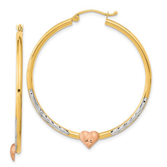 14K Two-Tone Gold Diamond-cut Heart Hoop Earrings