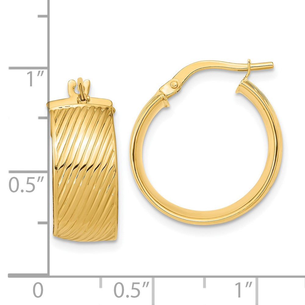 14K Yellow Gold 8mm Polished Textured Hinged Hoop Earrings