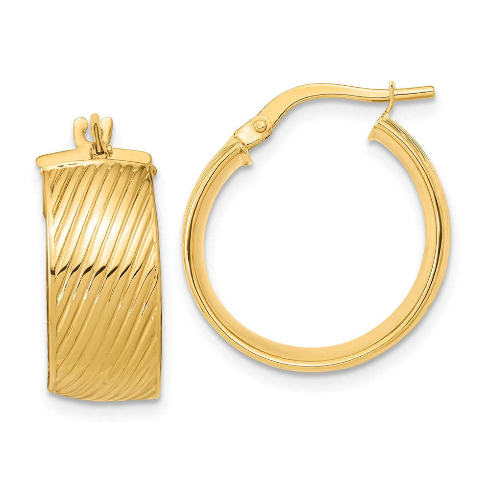 14K Yellow Gold 8mm Polished Textured Hinged Hoop Earrings
