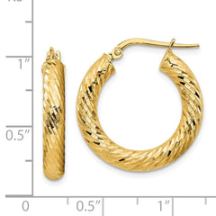14K Yellow Gold 4x15mm Diamond-cut Round Hoop Earrings