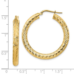 14K Yellow Gold 4x25mm Diamond-cut Round Hoop Earrings