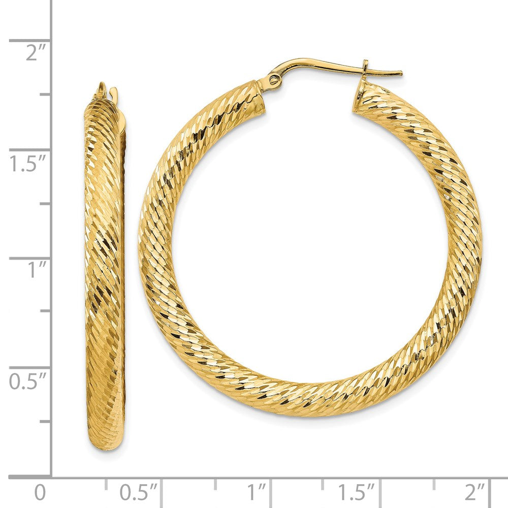 14K Yellow Gold 4x30mm Diamond-cut Round Hoop Earrings
