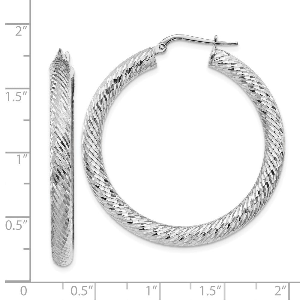 14K White Gold 4x30mm Diamond-cut Round Hoop Earrings