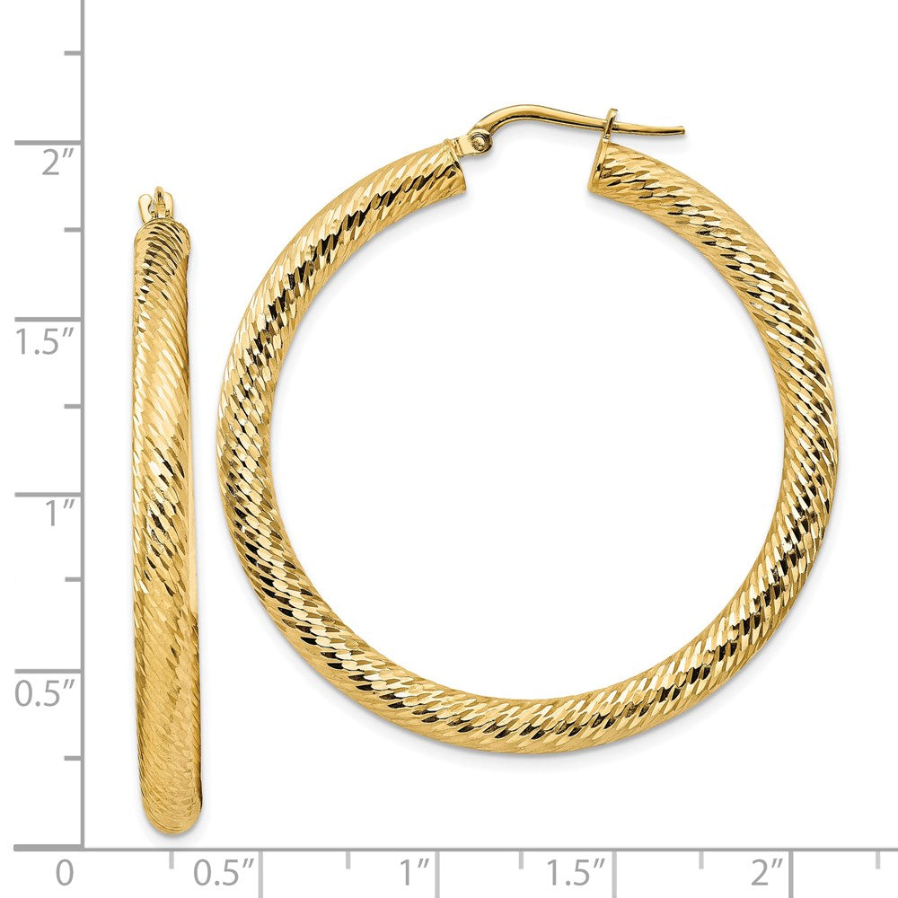 14K Yellow Gold 4x35mm Diamond-cut Round Hoop Earrings