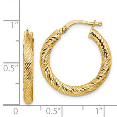 14K Yellow Gold 3x15mm Diamond-cut Round Hoop Earrings