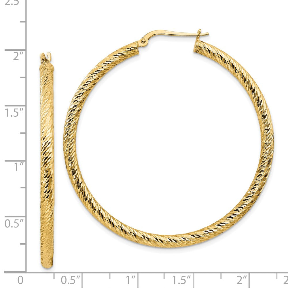 14K Yellow Gold 3x40mm Diamond-cut Round Hoop Earrings