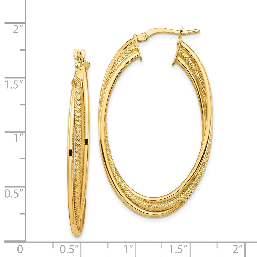 14K Yellow Gold Polished and Textured Twisted Fancy Oval Hoop Earrings