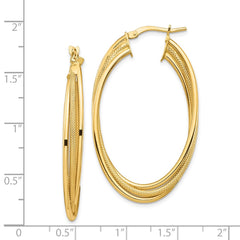 14K Yellow Gold Polished and Textured Twisted Fancy Oval Hoop Earrings