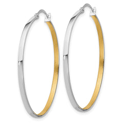 14K White Gold with Yellow Rhodium Polished and Brushed 2mm Hoop Earrings