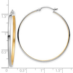14K White Gold with Yellow Rhodium Polished and Brushed 2mm Hoop Earrings