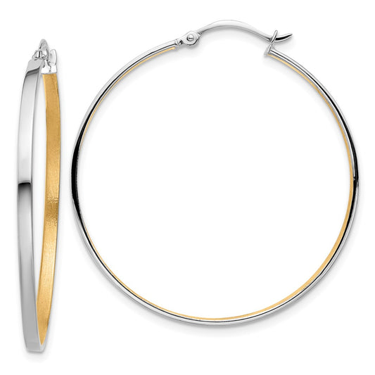 14K White Gold with Yellow Rhodium Polished and Brushed 2mm Hoop Earrings