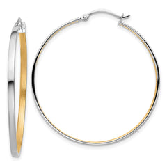 14K White Gold with Yellow Rhodium Polished and Brushed 2mm Hoop Earrings