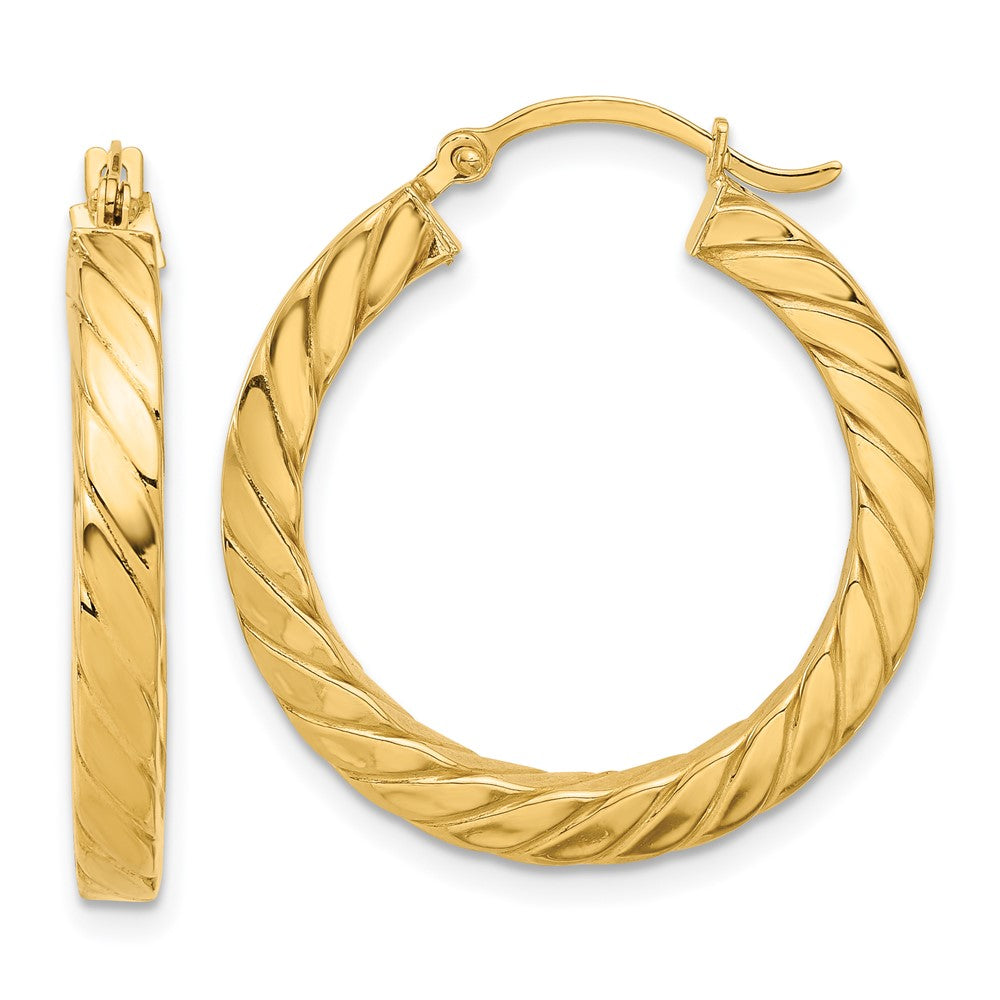 14K Yellow Gold Polished & Twisted 3mm Square Tube Hoop Earrings