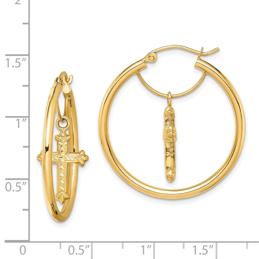14K Yellow Gold Diamond-cut Cross Dangle Hoop Earrings
