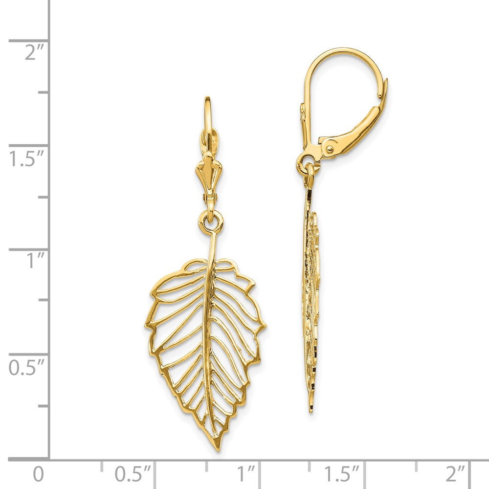 14K Yellow Gold Polished Leaf Leverback Earrings