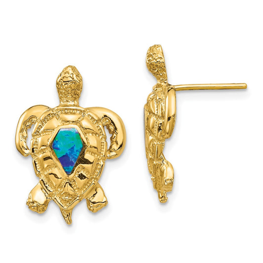 14K Yellow Gold Created Opal Turtle Post Earrings