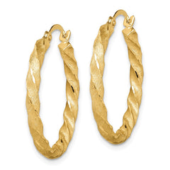 14K Yellow Gold Twisted Satin Diamond-cut Hoop Earrings