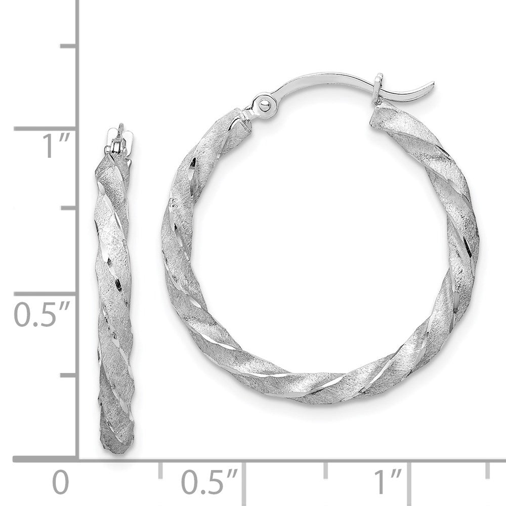 14K White Gold Twisted Satin Diamond-cut Hoop Earrings