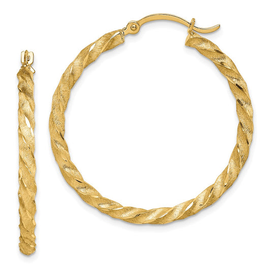 14K Yellow Gold Twisted Satin Diamond-cut Hoop Earrings