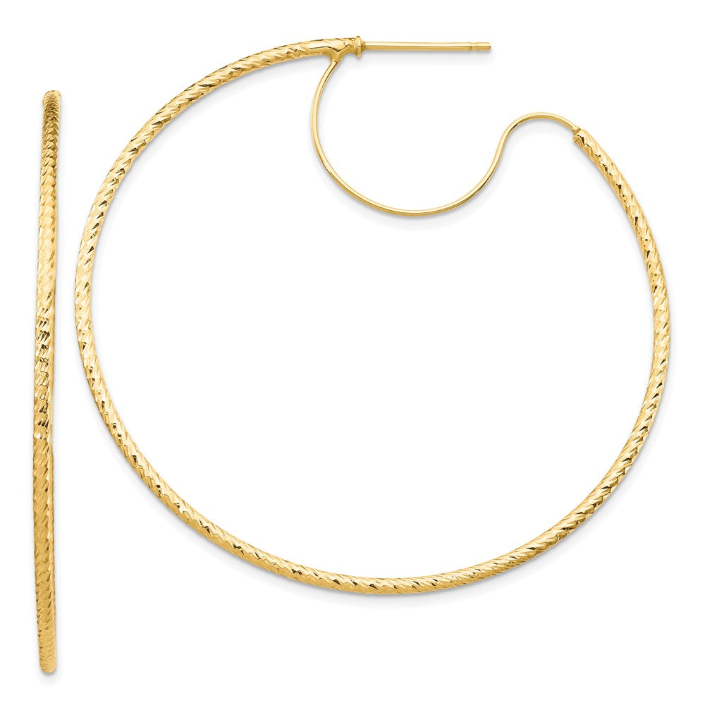 14K Yellow Gold 1.5x50mm Diamond-cut with Polished wire Hoop Earrings