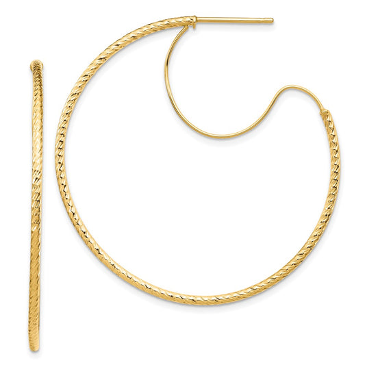 14K Yellow Gold 1.5x40mm Diamond-cut with Polished wire Hoop Earrings
