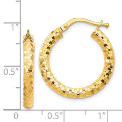 14K Yellow Gold 3x22mm Diamond-cut Hoop Earrings