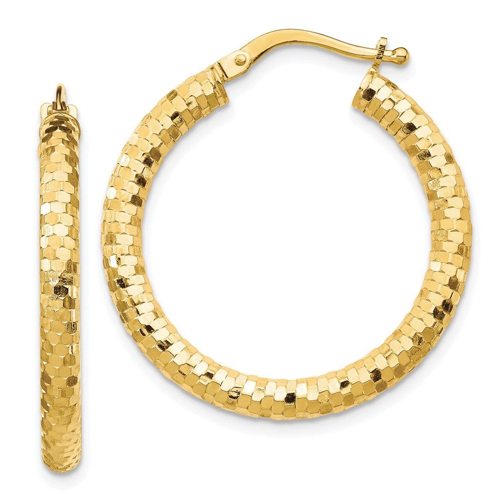 14K Yellow Gold 3x27mm Diamond-cut Hoop Earrings