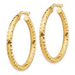 14K Yellow Gold 3x32mm Diamond-cut Hoop Earrings