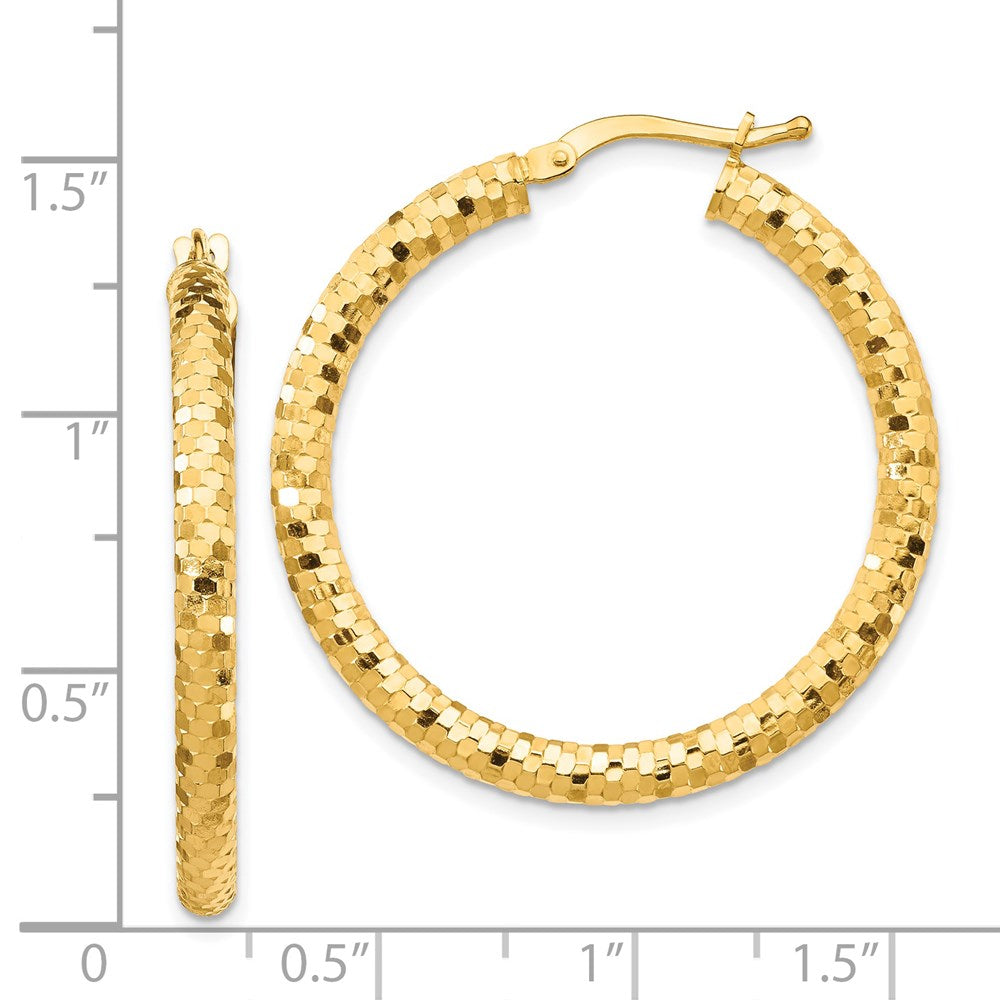 14K Yellow Gold 3x32mm Diamond-cut Hoop Earrings