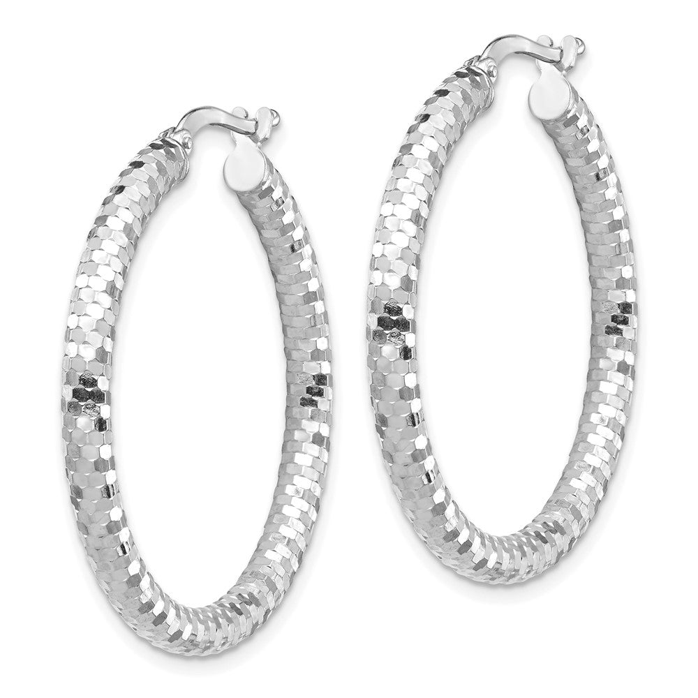 14K White Gold 3x32mm Diamond-cut Hoop Earrings