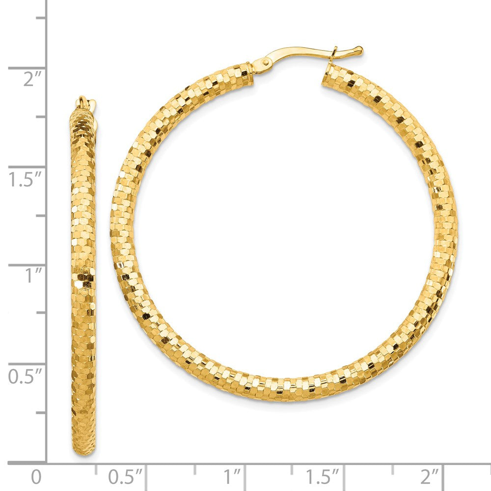 14K Yellow Gold 3x35mm Diamond-cut Hoop Earrings