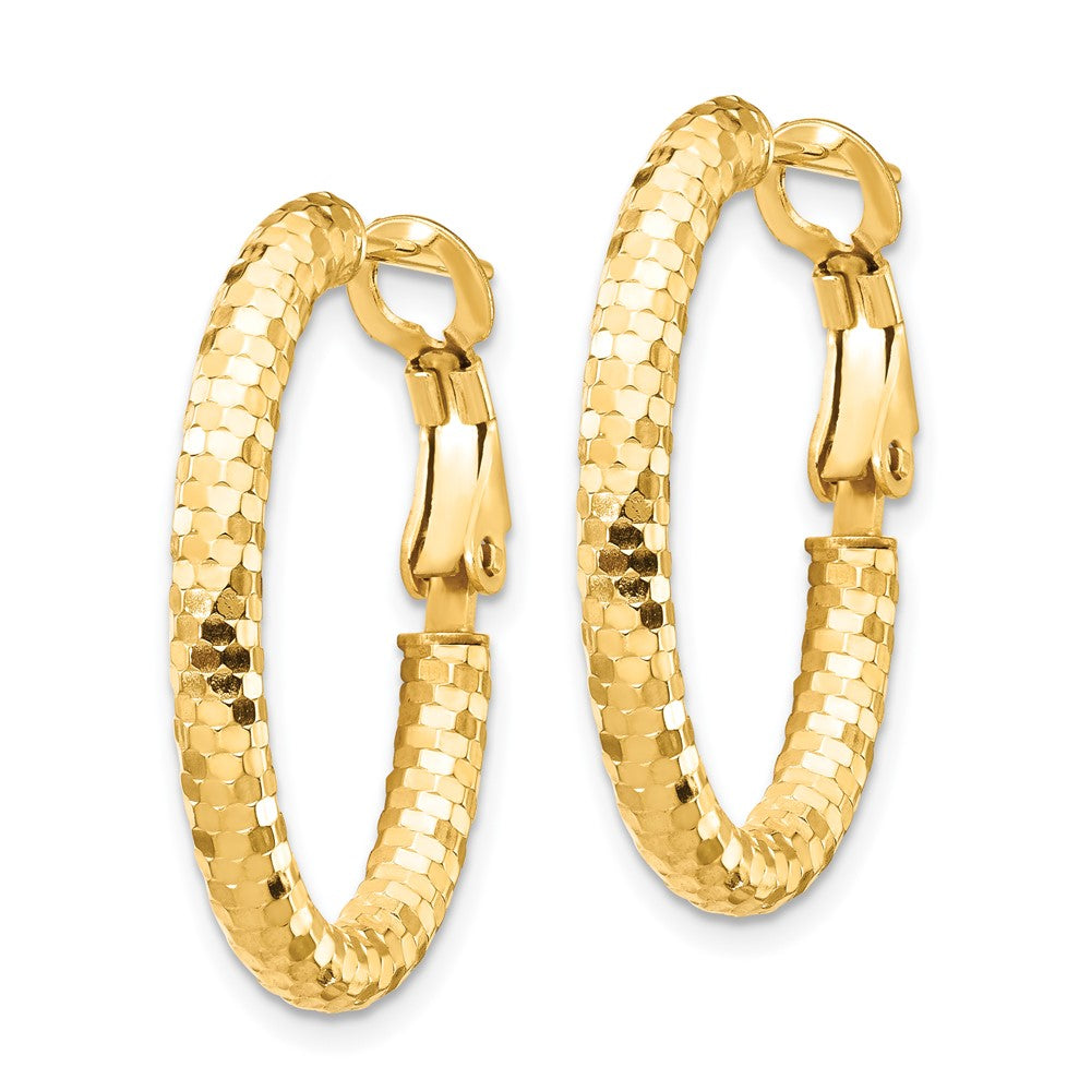 14K Yellow Gold 3mm Small Diamond-cut Oval Omega Back Hoop Earrings