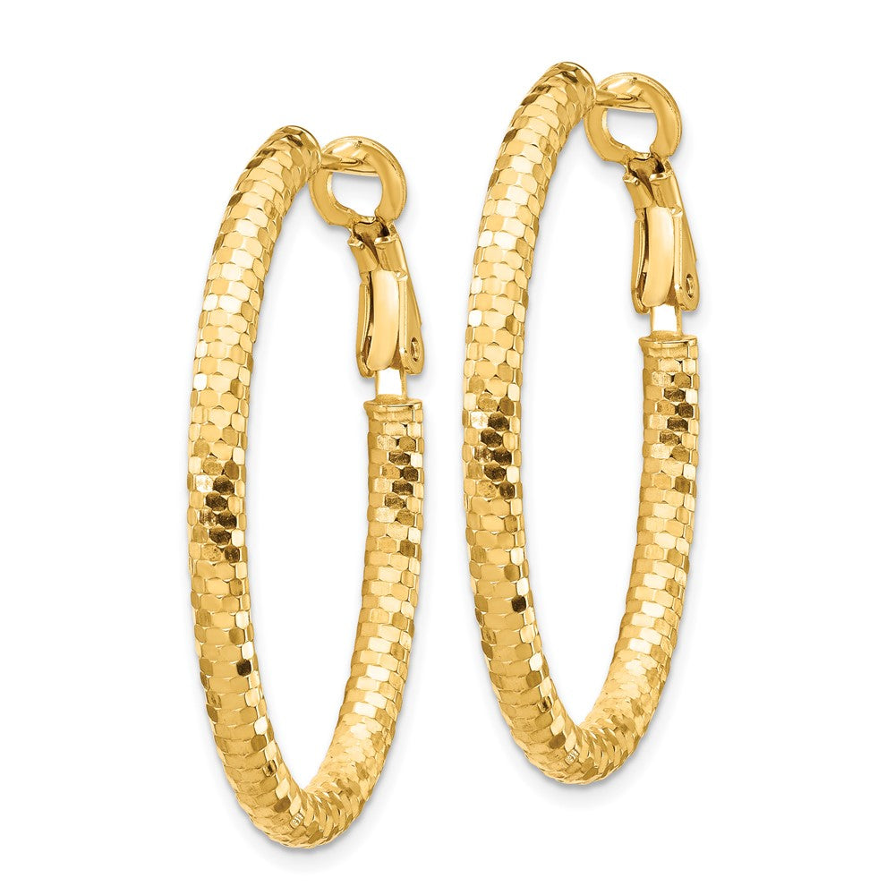 14K Yellow Gold 3mm Medium Diamond-cut Oval Omega Back Hoop Earrings