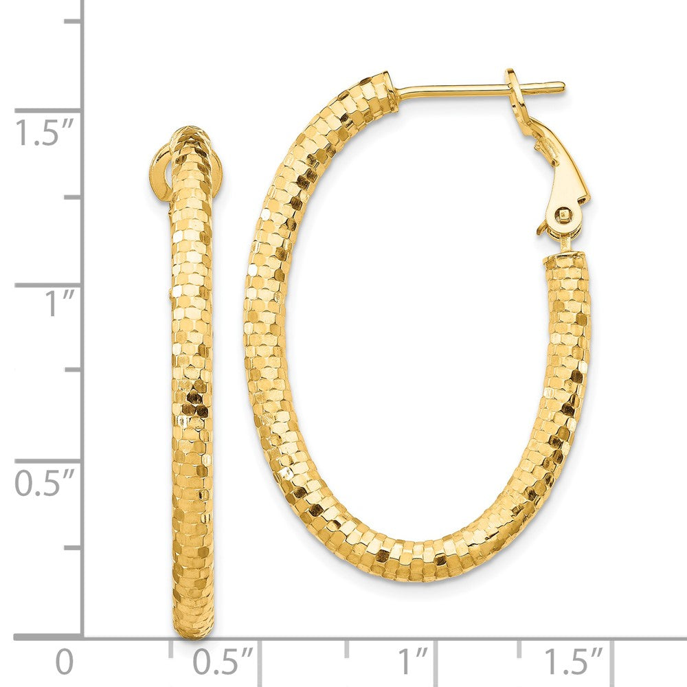 14K Yellow Gold 3mm Medium Diamond-cut Oval Omega Back Hoop Earrings