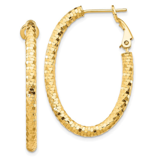 14K Yellow Gold 3mm Medium Diamond-cut Oval Omega Back Hoop Earrings