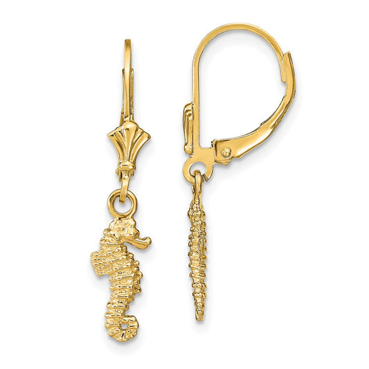 14K Yellow Gold Seahorse Leverback Earrings