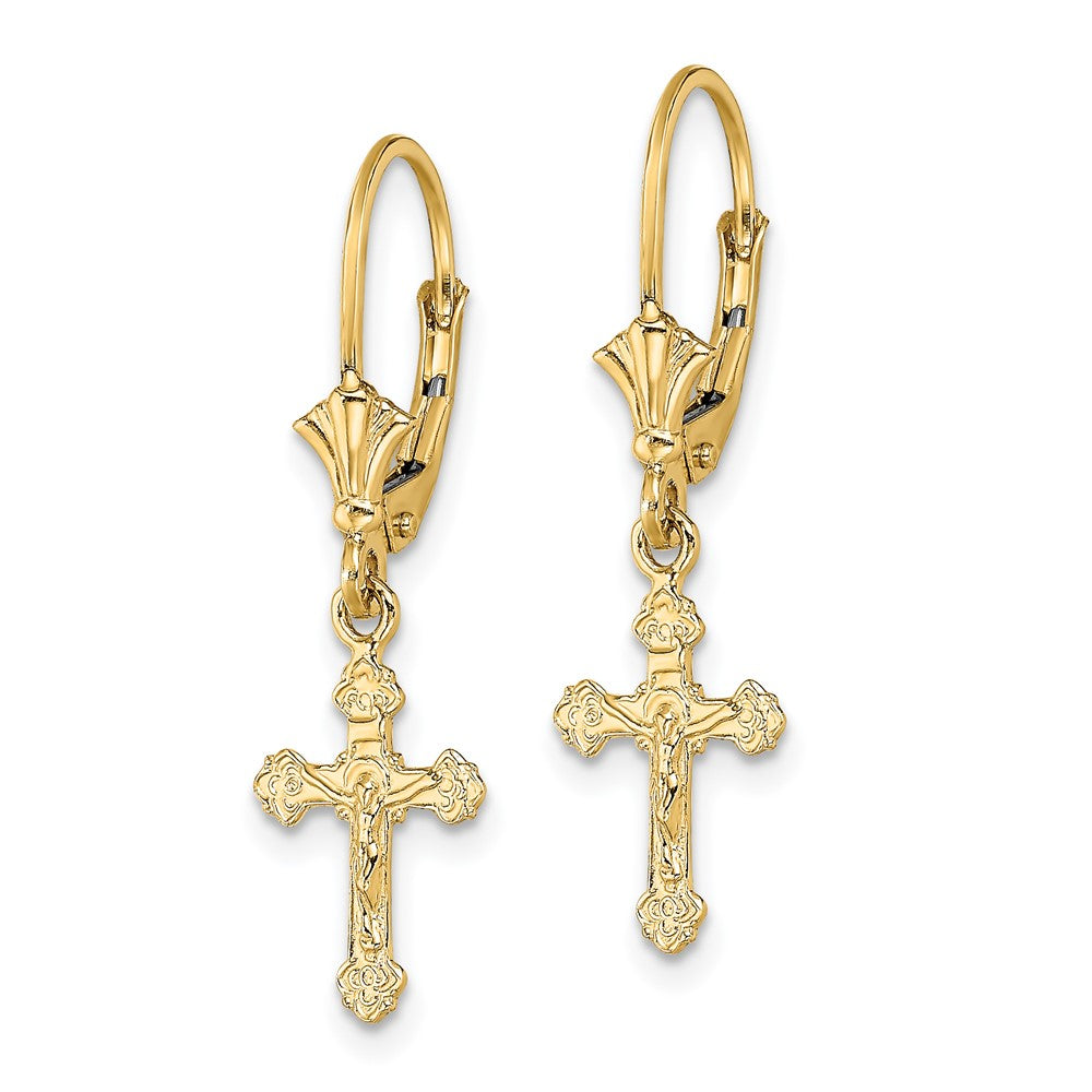 14K Yellow Gold Crucifix Leverback Earrings