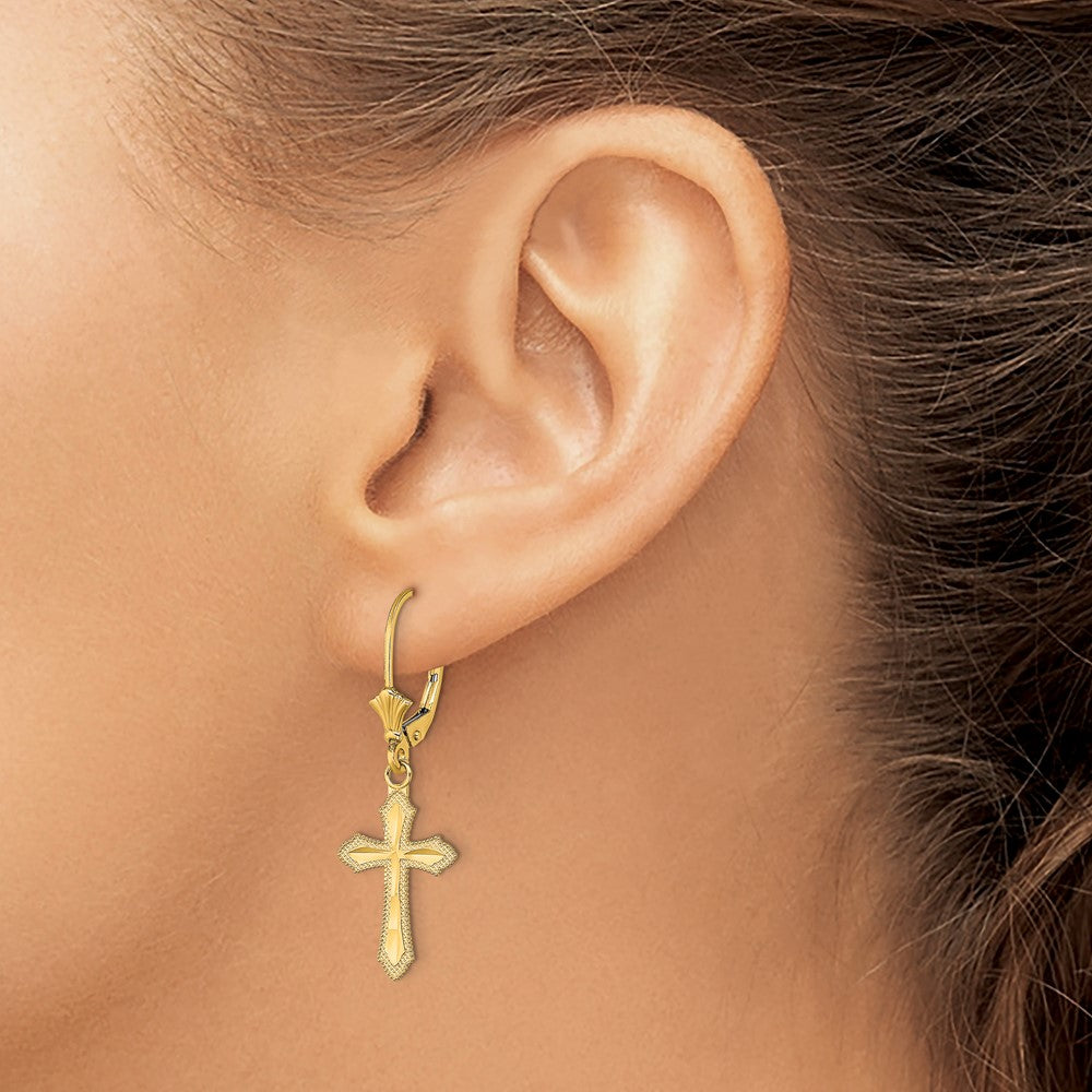 14K Yellow Gold Diamond-cut Cross with Beaded Edge Leverback Earrings