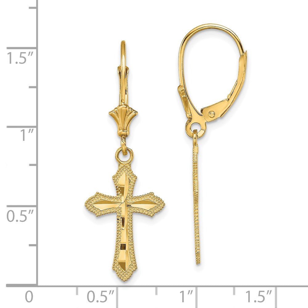 14K Yellow Gold Diamond-cut Cross with Beaded Edge Leverback Earrings