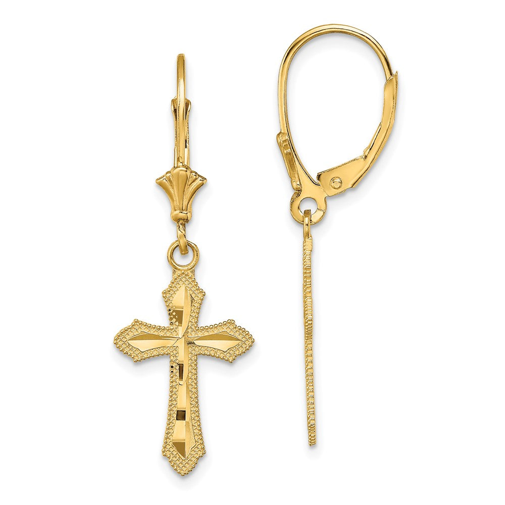 14K Yellow Gold Diamond-cut Cross with Beaded Edge Leverback Earrings