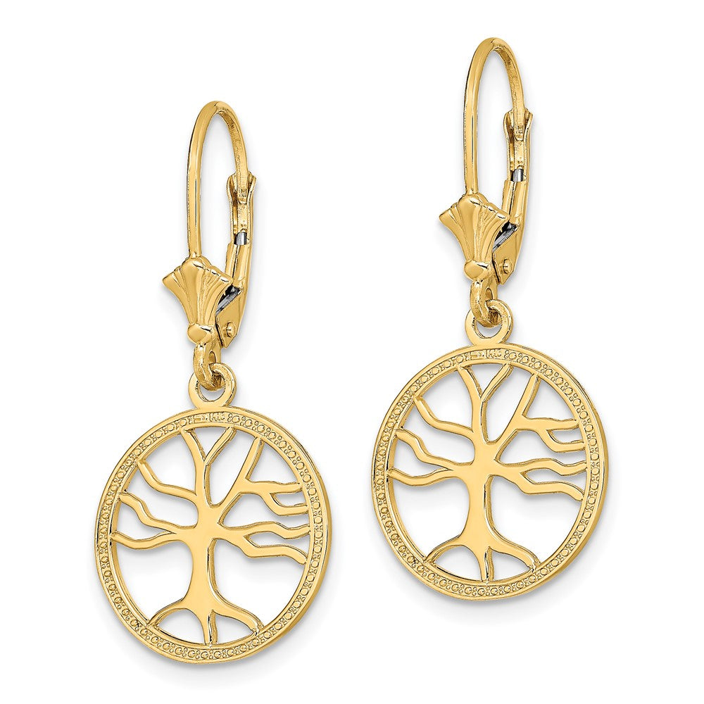 14K Yellow Gold Tree of Life In Round Frame Leverback Earrings