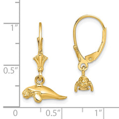 14K Yellow Gold 3D Polished Mini Manatee Leverback Earrings