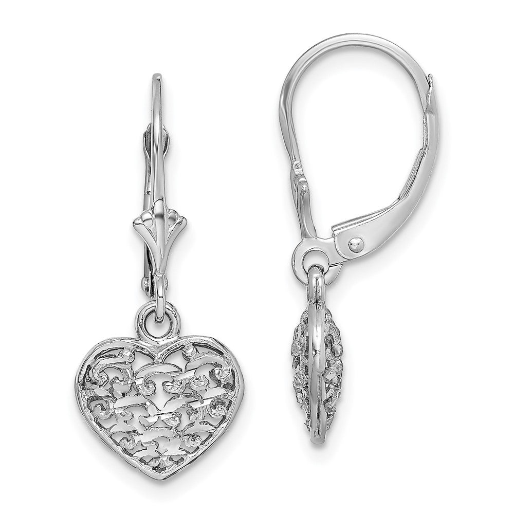 14K White Gold 3D Mini Diamond-cut Puffed Heart Leverback Earrings