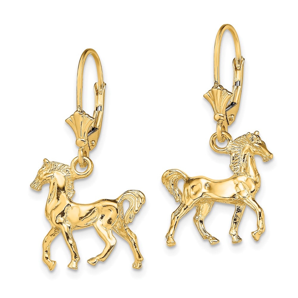 14K Yellow Gold 3D Polished Leverback Horse Earrings